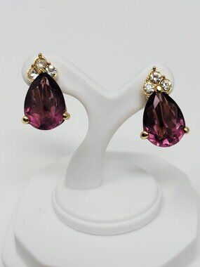 Purple Teardrop Rhinestone Screw Back Clip On Earrings Gold Tone